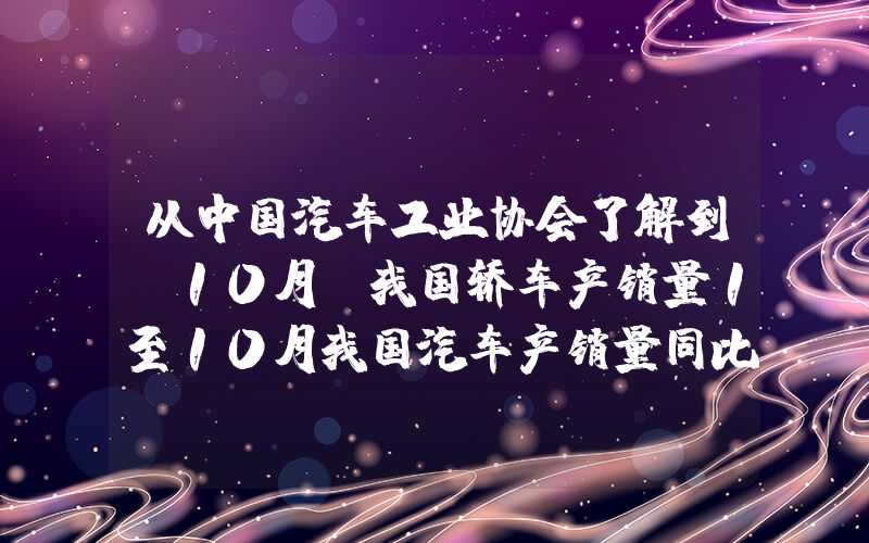 从中国汽车工业协会了解到,10月份我国轿车产销量1至10月我国汽车产销量同比分别增长8%和9.1%